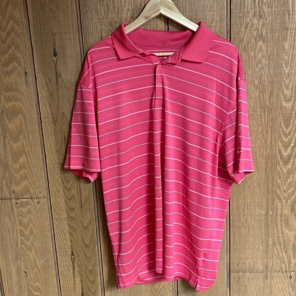 Nike Golf Dri Fit‎ Men’s hot pink white striped breathable polo shirt siz…